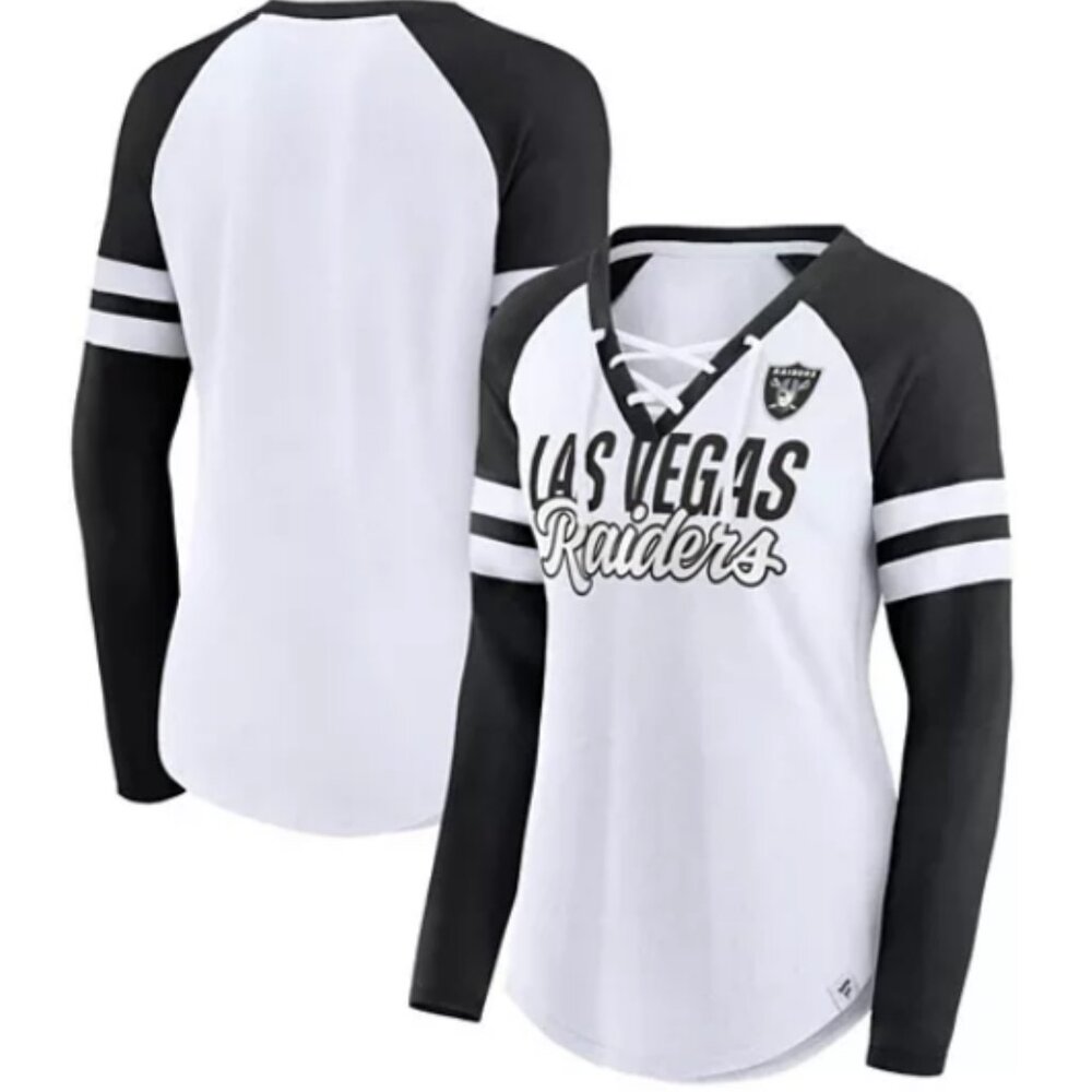 Fanatics White Las Vegas Raiders Plus Size Lace-Up V-Neck Raglan Long Sleeve T-s